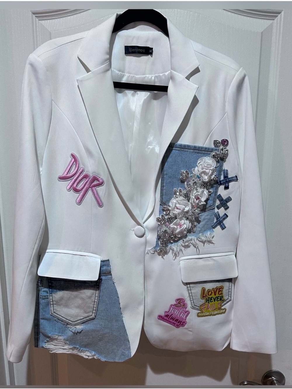 Embellished White Patchwork Blazer with Denim Appliqué - Picture 2 of 5